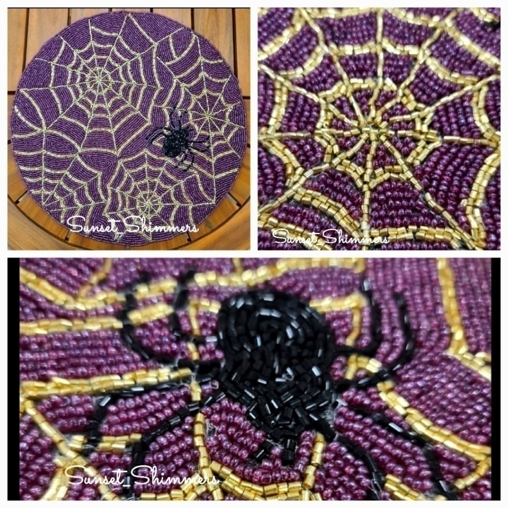 4 Purple & Gold Sparkly Beaded Spider Web Placemat Chargers 15" Halloween New